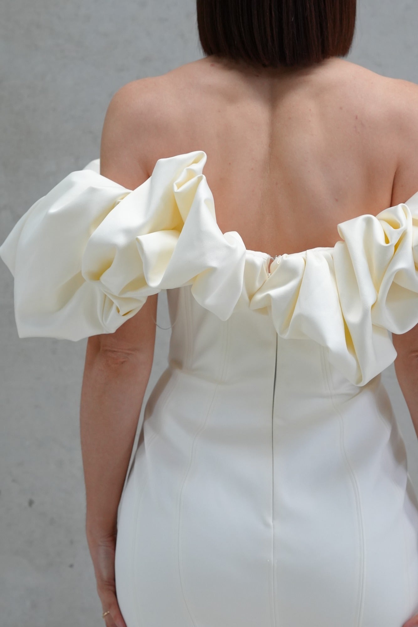 selena ivory satin ruffle strapless dress House of CB